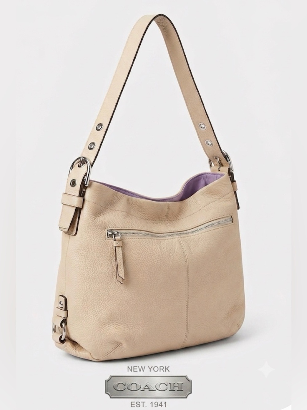 Coach Hamptons F15664 Pebbled Leather Hobo Shoulder Bag Ivory Cream Silver
